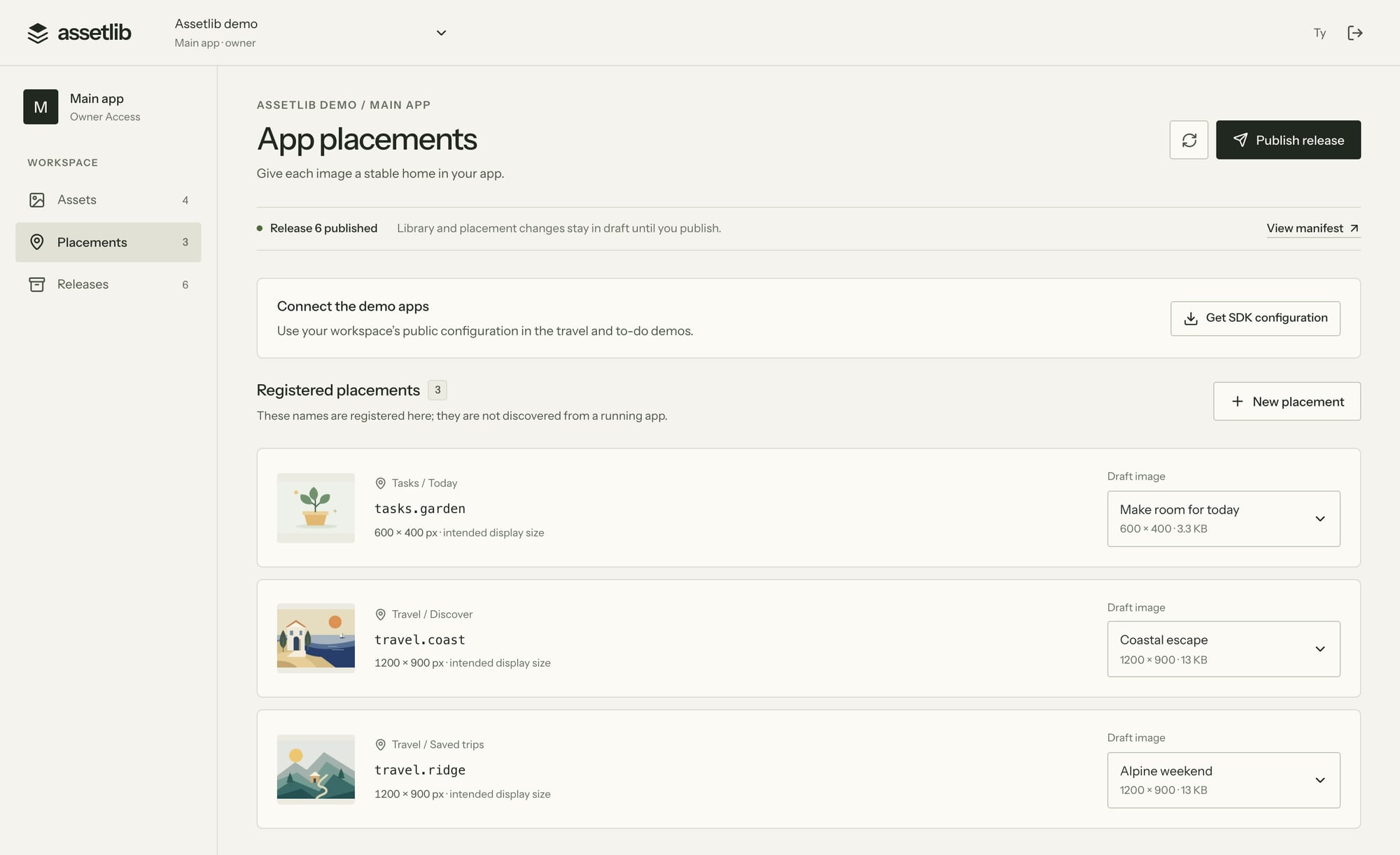 The Assetlib console’s placements page, listing travel.coast, travel.ridge, and tasks.garden with their draft images
