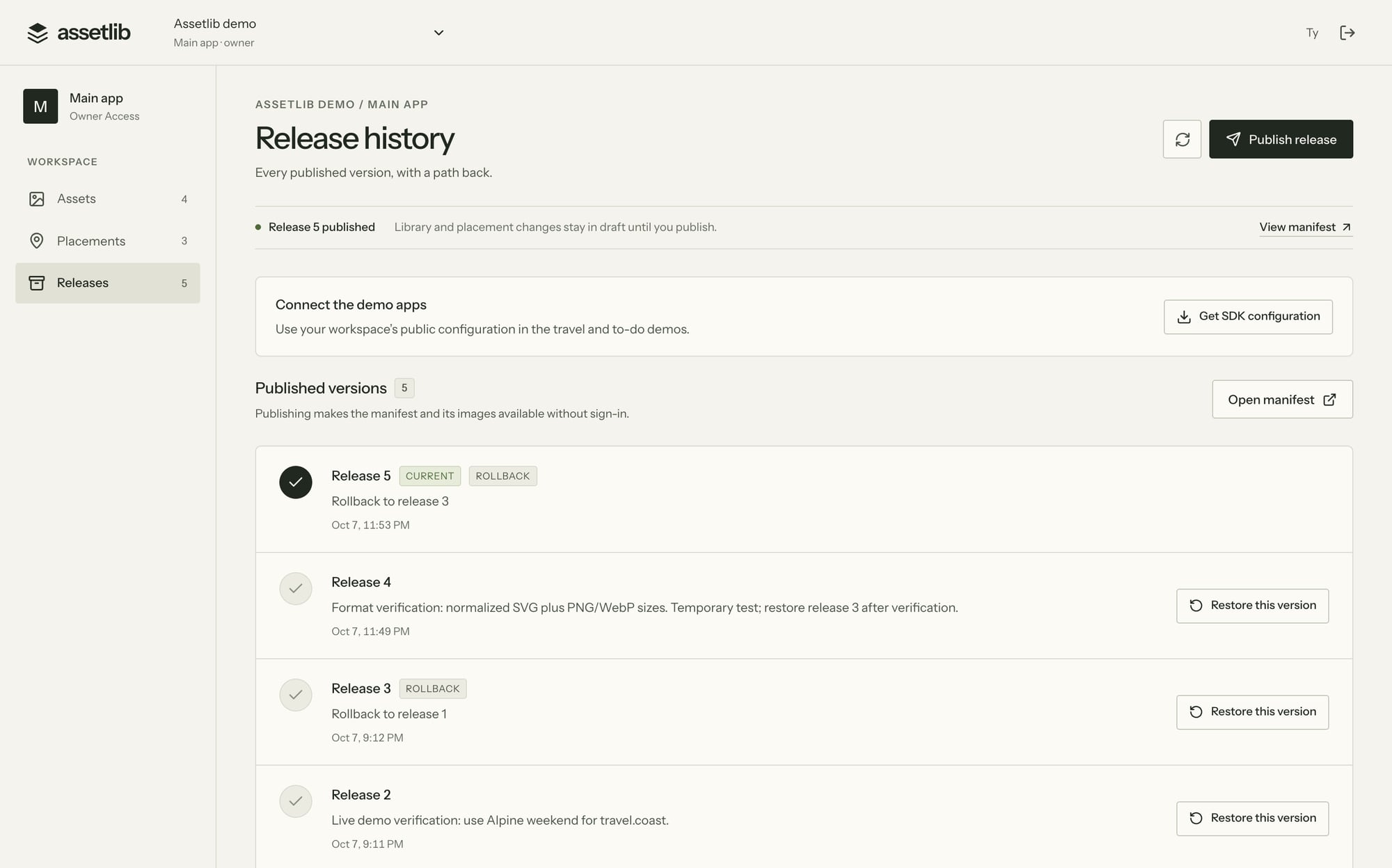 The release history page in the Assetlib console, showing three releases with restore buttons